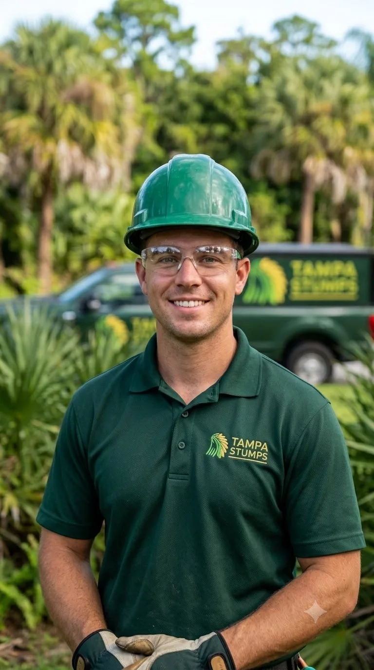 Tampa Stumps certified arborist in safety gear ready for tree trimming service